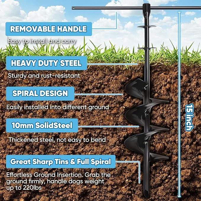 Dog Tie Out Stake for Large Dogs – Heavy Duty In-Ground Dog Anchor up to 210 lbs – Secure Tether Stake for Yard, Camping & Beach – Easy Install with Tool, Works with Tie Out Cable & Leash, Black