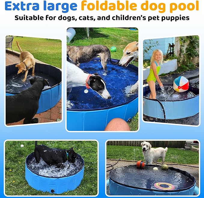 63" x 12" Foldable Dog Pool - Collapsible Hard Plastic Kiddie Pool for Dogs & Kids, Non-Slip Pet Bath Tub for Outdoor Backyard Use, Lightweight & Portable (Blue)
