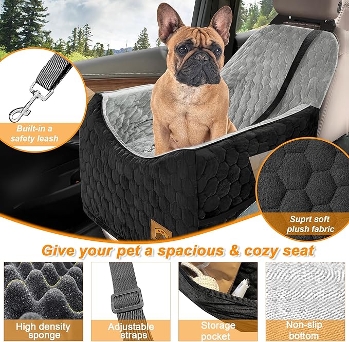 Dog Car Seat for Small/Medium Dogs, Memory Foam Dog Booster Seat, Travel Safety Per Car Seat with Washable Removable Cover, Storage Pockets, up to 35 lbs(BlackGray)