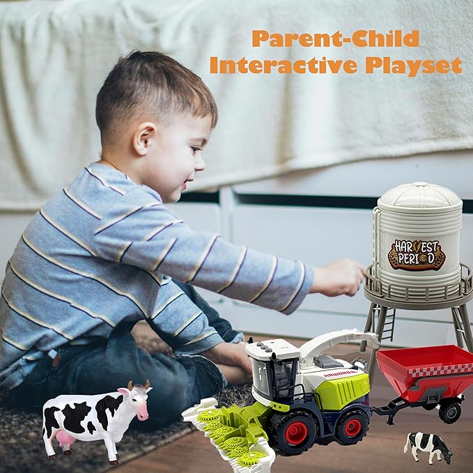 Farm Animals Toys Set Barn Toy Combine Harvester Tractor with Trailer Horse Stable Grain Bins Horse Cow Farmer Figures Fence Playset for Kids Toddlers Boy Girl 3-7 Years Old