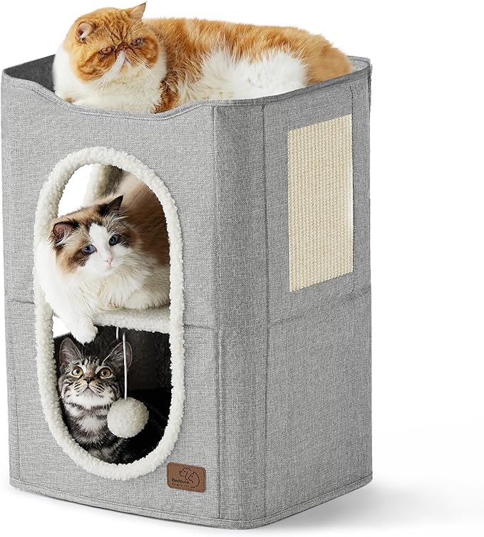 Bedsure 2 Story Cat House - Cat Condos for Indoor Cats with Scratch Pad and Fluffy Ball Hanging, Small Pet Cave Furniture Hideaway for Multi Pets, 18x14x23 inches, Grey