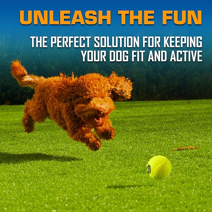 Nerf Dog Tennis Ball Blaster Dog Toy Gift Set, Tennis Ball Dog Fetch Toy Launches up to 50 ft, Dog Ball Thrower for All Breeds Includes Translucent Blue Tennis Ball Launcher and 3 Dog Tennis Balls