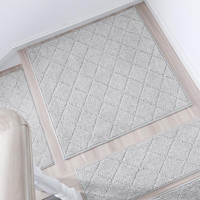 COSY HOMEER Edging Stair Treads Non-Slip Corner Indoor Stair Runners for Wooden Steps,Landing Slip Resistant Stair Rugs Mat for Kids and Dogs,100% Polyester TPE Backing,Grey,30x30 inch