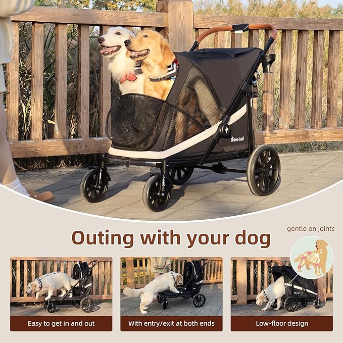 Dog Stroller for Large Dogs One-Click Folding 4 Wheel Foldable Dog Stroller for 2 Dogs with Storage Pocket Suitable for Pets Up to 110LBS (Black, Large)