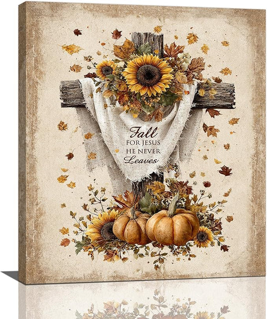 Christian Fall Wall Art Autumn Rustic Cross Sunflower Pumpkin Wall Decor Fall for Jesus He Never Leaves Pictures Painting Print Framed Artwork Decorations Gifts for Living Room Bedroom Prayer Room Office 20"x24"