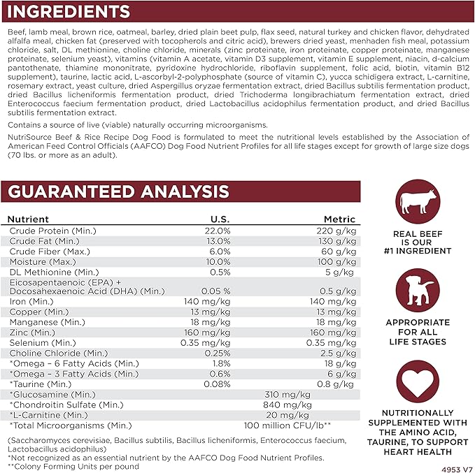 NutriSource Dog Food, Made with Beef and Brown Rice, with Wholesome Grains, 30LB, Dry Dog Food