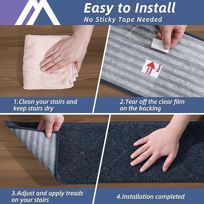 COSY HOMEER Edging Stair Treads Non-Slip Carpet Mat 28inX9in Indoor Stair Runners for Wooden Steps, Edging Stair Rugs for Kids and Dogs, 100% Polyester TPE Backing (4pc, Navy)