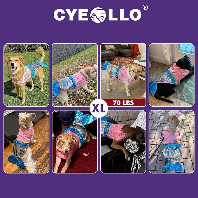 cyeollo Dog Costumes for Large Dogs Sparkly Mermaid Cosplay Clothes Pet Costme Birthday Party Outfit Dog Halloween Costumes Size XL
