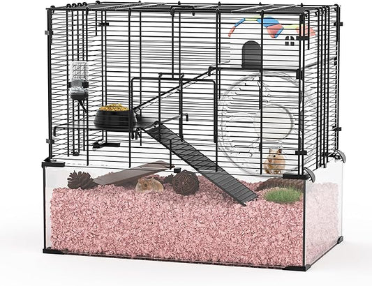 3-Tier Glass Hamster Tank, Large Hamster Cage Habitat with 11inch Big Running Wheel for Rat, Mouse, Gerbil, Syrian Hamster, 370 SQ INCHES