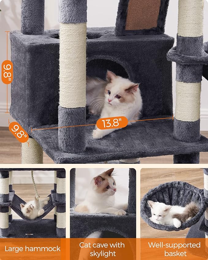 Feandrea Cat Tree, 66.1-Inch Large Cat Tower with 13 Scratching Posts, 2 Perches, 2 Caves, Basket, Hammock, Pompoms, Multi-Level Plush Cat Condo for Indoor Cats, Smoky Gray UPCT165G01