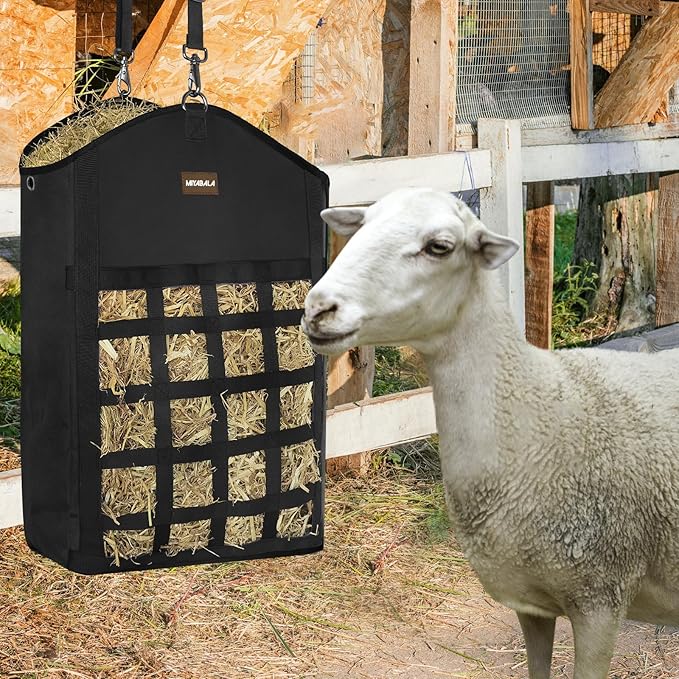 Hay Bags for Horses,3 Packs Slow Feed Hay Bags for Goats,Sheep,Donkey,Premium Oxford Hay Feed Bags with Front Hay Nets Design, Easy to Fill and Hang with Large Opening (3 Black)