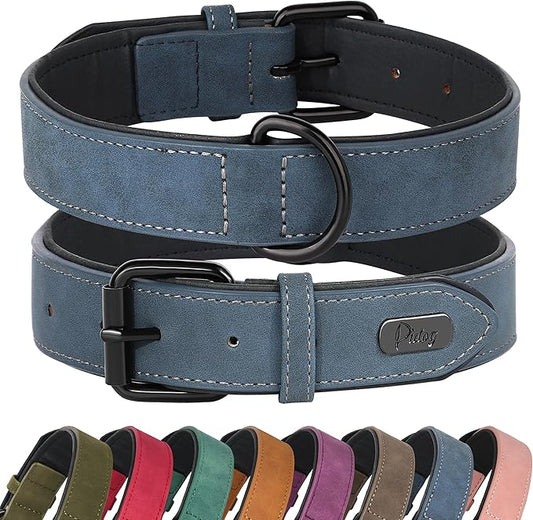 Didog Soft Padded PU Leather Dog Collar, Breathable and Adjustable Dog Collar for Large Dogs, Comfortable for Daily Walk, Blue, XL Fit Neck 17-21"(44-71 lbs)