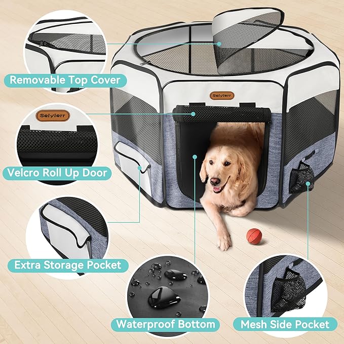 Dog Playpen, Portable Pet Play Pen Foldable Carrying Case, Puppy Pens Outsid for Small Cat Indoor/Outdoor, Removable Mesh Shade Cover