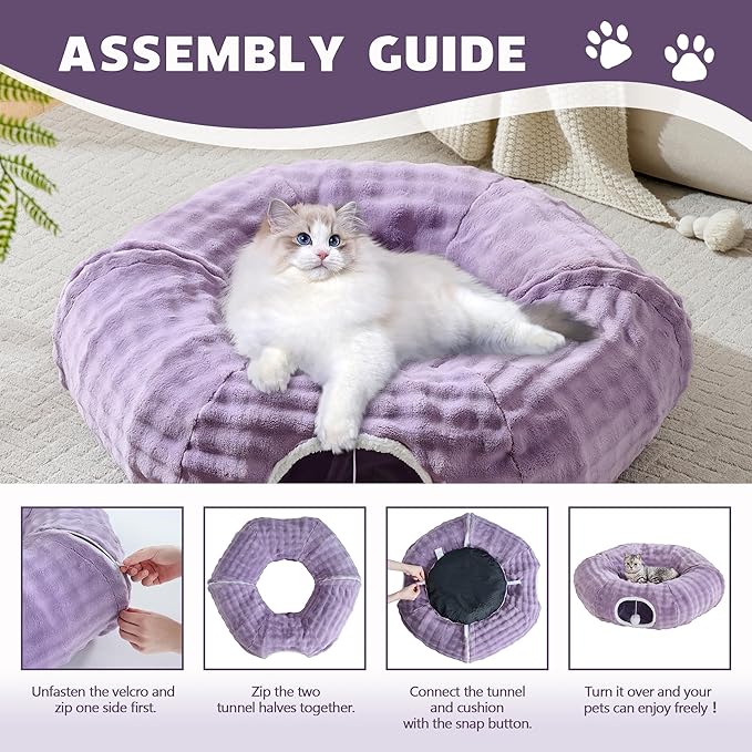 Bubble Cat Tunnel for Indoor Cats, Round Peekaboo Cave Toy with Dangling Balls, Donut Tunnel Bed with Circle Mat for Puppy Kitten Rabbit, Dusty Purple