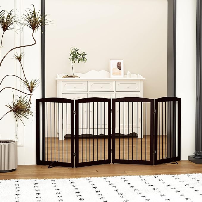 Freestanding Pet Gate for Dogs, Indoor Wooden Foldable Dog Gate for House, Doorway, Stair, 80 Inch Wide, 4 Panels 32",Brown