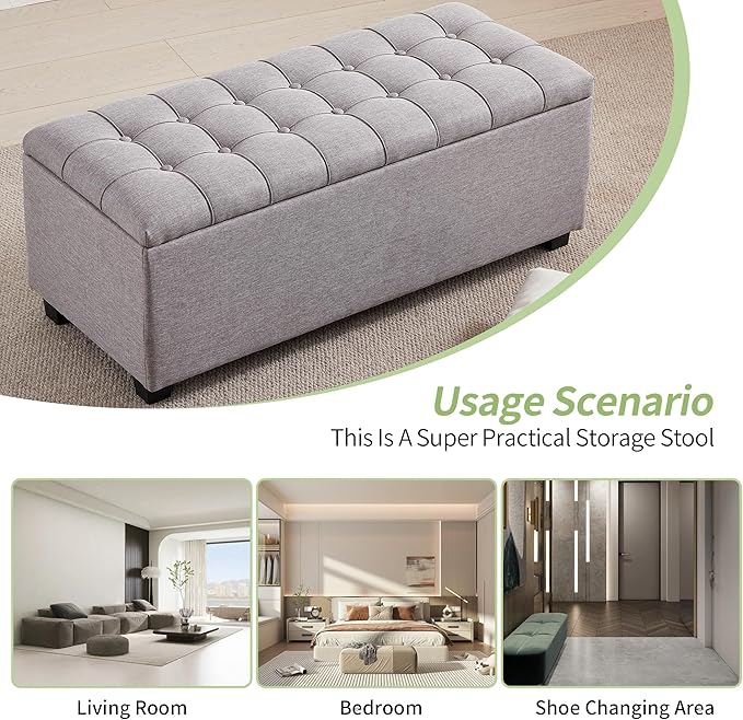 Ottoman with Storage 38 inches, Furniture End of Bed Storage Benches, Long Ottomans Bench with hinged lid, Bench seat Trunk for Foot Rest in Bedroom, Living Room (Gray)
