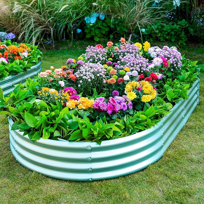2pack 8×4×1ft Raised Garden Bed，Outdoor Galvanized Planter Boxes, Oval Large Metal Raised Garden Beds for Vegetables