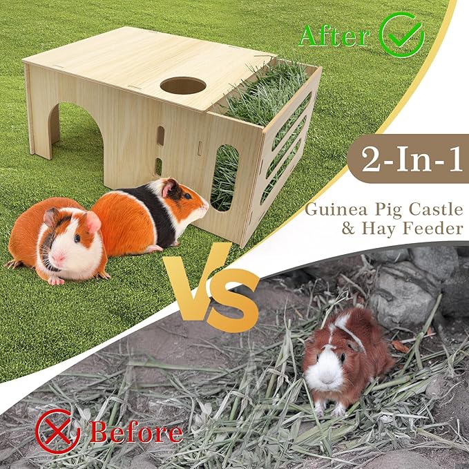Guinea Pig Hideout Castle with Hay Feeder, Wooden Chinchilla House and Hay Rack, Small Animals Habitats Hut Accessories for Bunny, Rabbit, Hedgehog Playing Hiding, Easy Assembly