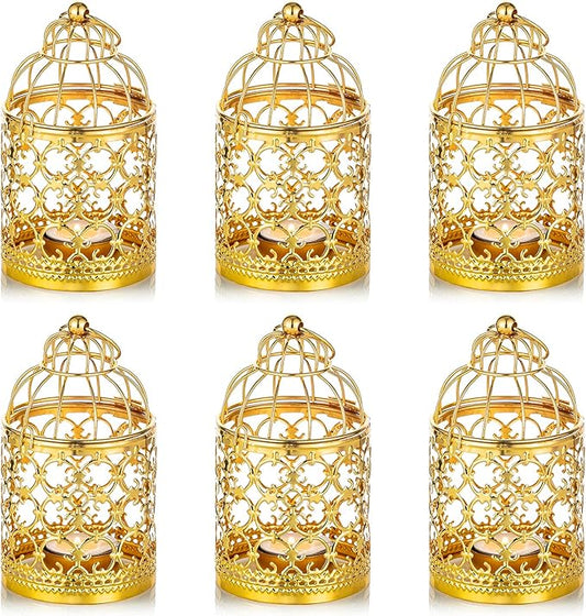 6 Pcs Small Metal Tealight Hanging Birdcage Lantern, Vintage Decorative Centerpieces of Wedding, Party, Gold