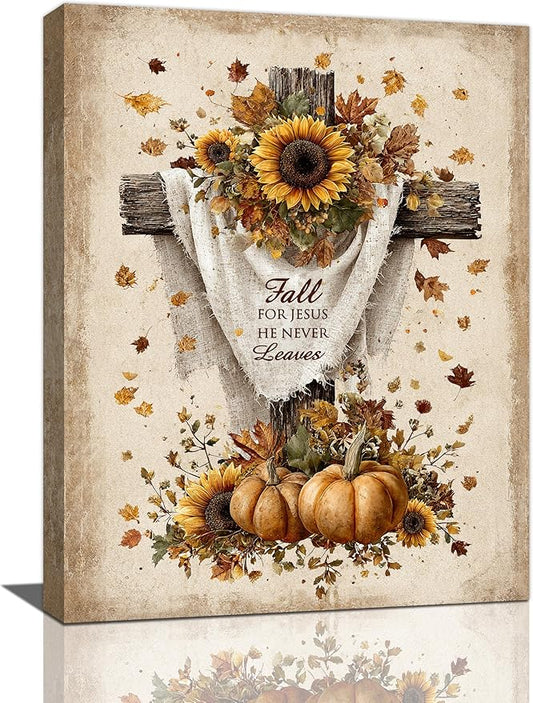 Christian Fall Wall Art Autumn Rustic Cross Sunflower Pumpkin Wall Decor Fall for Jesus He Never Leaves Pictures Painting Print Framed Artwork Decorations Gifts for Living Room Bedroom Prayer Room Office 12"x16"