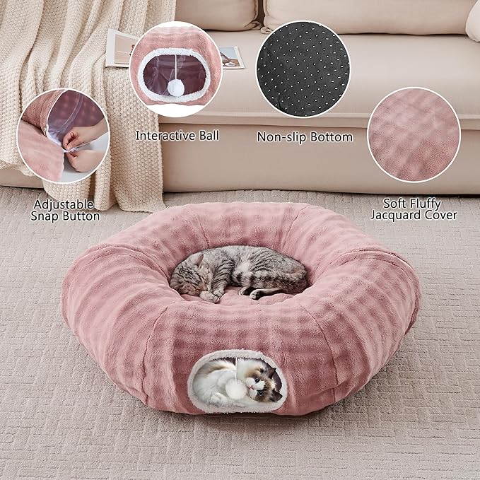 Bubble Cat Tunnel for Indoor Cats, Round Peekaboo Cave Toy with Dangling Balls, Donut Tunnel Bed with Circle Mat for Puppy Kitten Rabbit, Dusty Pink