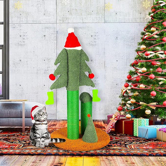 32” Cat Scratching Post, Tall Christmas Tree Cat Scratcher with 3 Posts and Cute Dangling Teaser Balls, Natural Sisal Rope Cat Toys for Kitty and Adult Cats