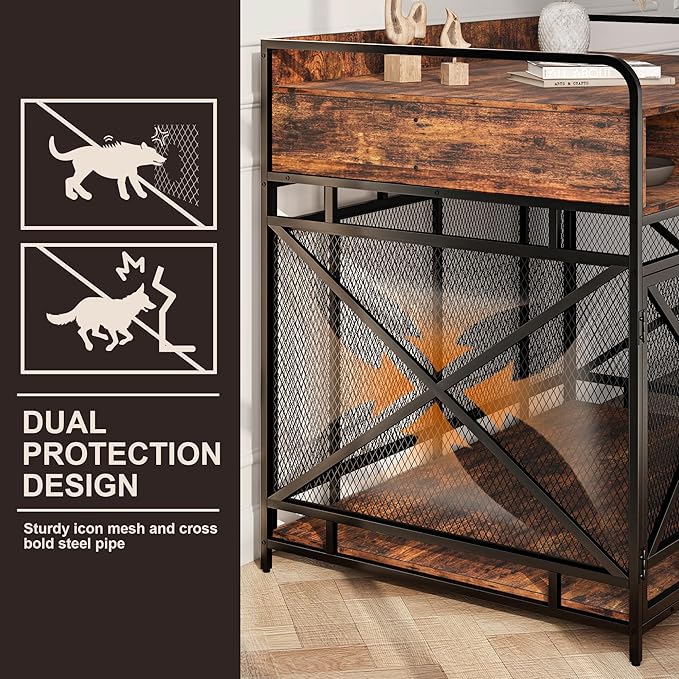 Dog Crate Furniture, 43" Heavy Duty Wooden Dog Crate End Table, XL Dog Kennel Furniture Large Breed, Decorative Dog Kenne Indoor with 3 Drawers & Steel Tubes 43" L x28 W x36 H (Rustic Brown)