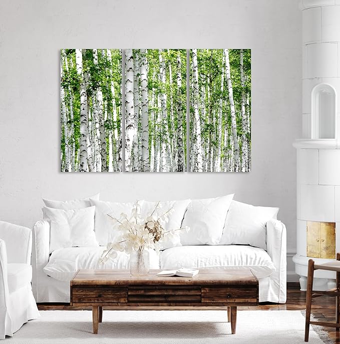 Nature Wall Art Prints - Ocean Forest Mountain Lake Canvas Landscapes - Small to Extra Large Living Room Bedroom Kitchen Bathroom Décor (Green Brich Trees, 47L" x 71W" - 3 panels)