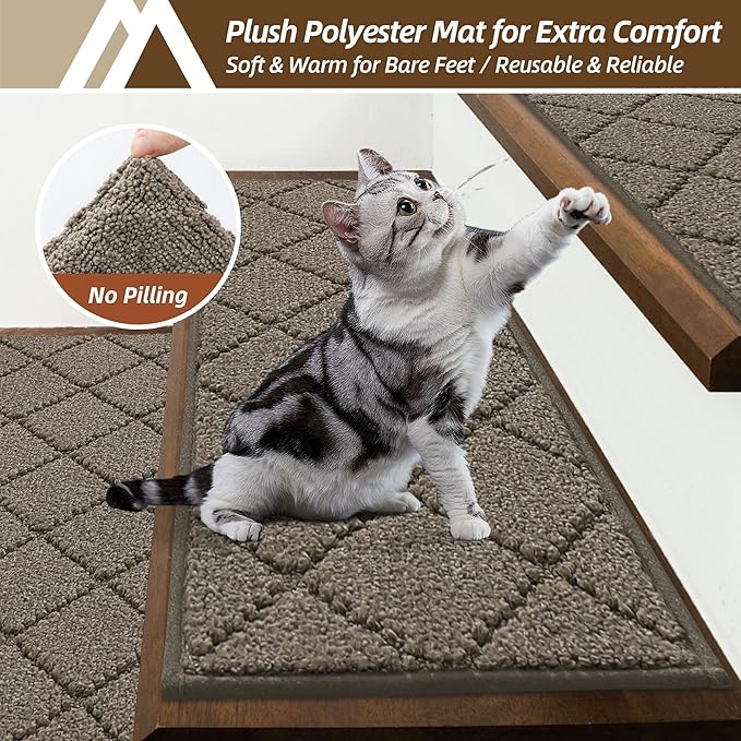 COSY HOMEER Stair Treads for Wooden Steps 9"x28" Washable Indoor Carpet Stair Treads Non Slip Soft Polyester Stair Carpet Tread Reusable Stair Runner Rugs for Kids, Elders,Pets,Light Brown,15pcs