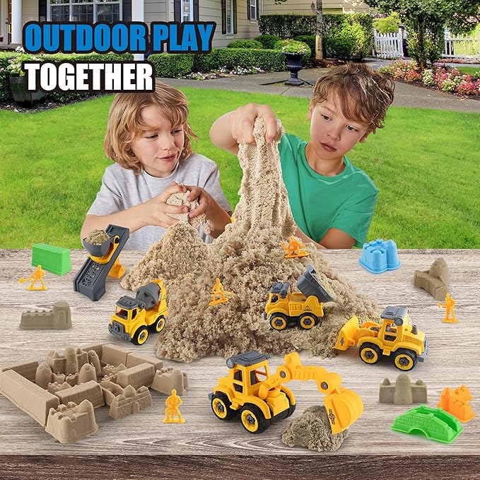Construction Sandbox with Lid - 4 Vehicles with 1 Conveyor, 8 Castle Molds, 6 Figures & 3lbs Moldable Sand - Preschool Sensory Bin for Fine Motor Skills, Ages 3-6