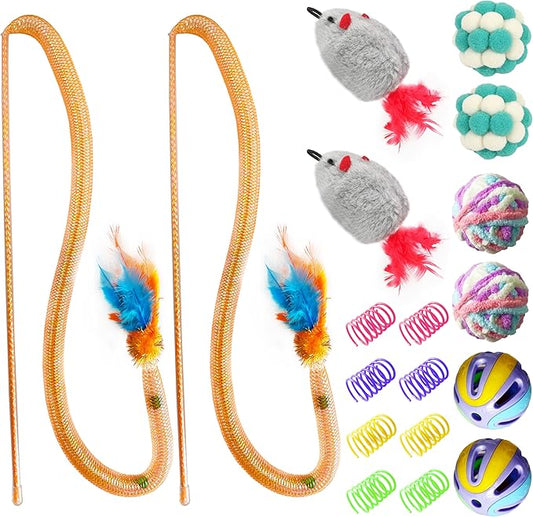 Cat Toys Set for Indoor Cats – 18PCS Cat Toys with Teaser Wand, Mouse, Ball, Spring Toys for Kittens, Interactive Cat Teaser Toys for Bored Cats Exercise and Play