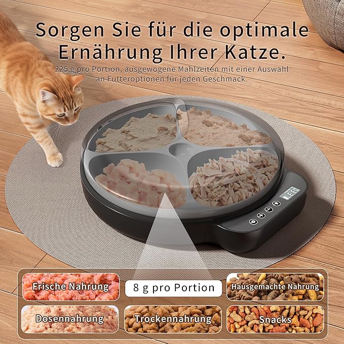 Automatic Cat Feeder Wet Food, Whisker-Friendly Automatic Cat Food Dispenser True 4-Meal Design with Locking Lid, Smart Timer Feeder for Wet Cat/Dog ，2-Ice Packs, Easy to Clean (Black)