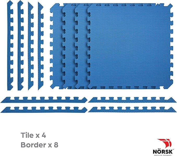 Norsk Reversible Gym Exercise Mats 3/4" Thick EVA Interlocking Foam Tiles, Perfect Home Gym Flooring, 24 Tiles & 48 Trim Pieces, 96 Sq. Ft. Reversible, Dazzling Blue/Black