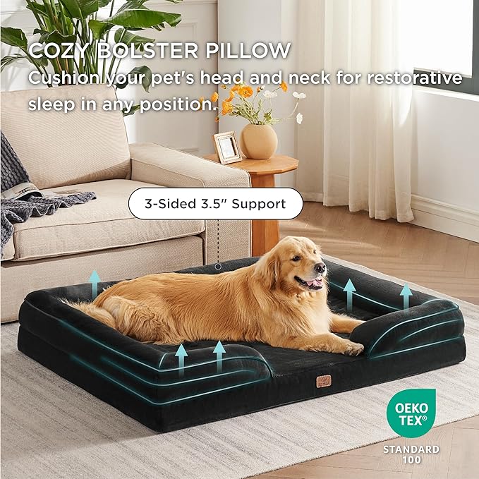 Bedsure XXL Orthopedic Dog Bed for Extra Large Dogs - Washable Giant Dog Cat Bed Waterproof, Comfort Dogs Couch Sofa with Washable Removable Cover, Pet Bed with Nonskid Bottom, Black, 52"