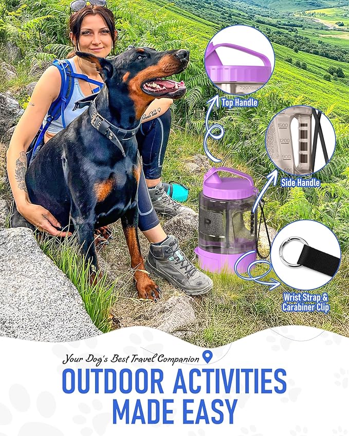 77oz Dog Travel Water Bottle, Large Portable Dog Water Bowl Dispenser, Leakproof Pet Drinking Bottle Dispenser for Hiking Camping Walking Travelling Beach Car Trips, No Spill, BPA Free,Purple