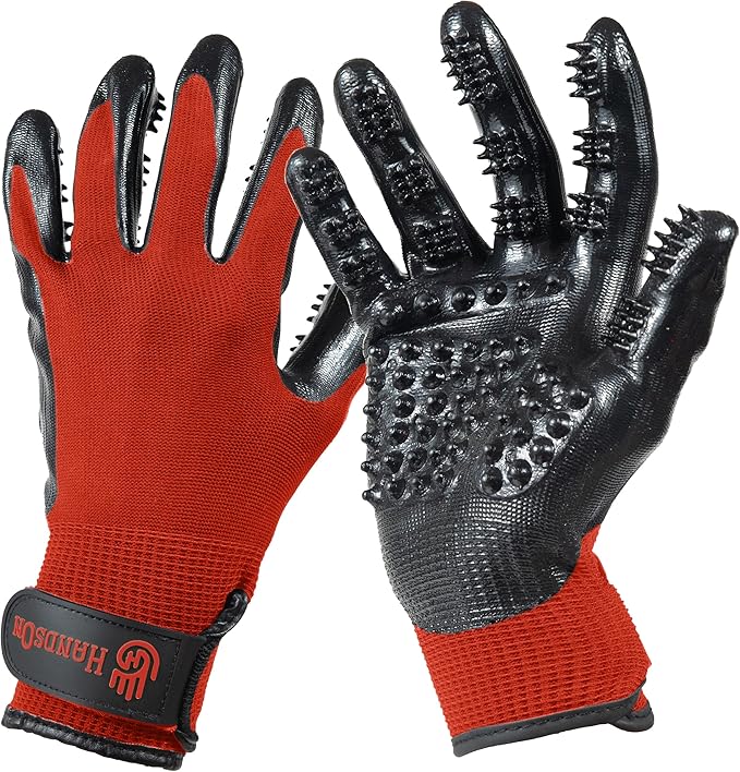H HANDSON Pet Grooming Gloves - Patented #1 Ranked, Award Winning Shedding, Bathing, & Hair Remover Gloves - Gentle Brush for Cats, Dogs, and Horses (Red, Medium)