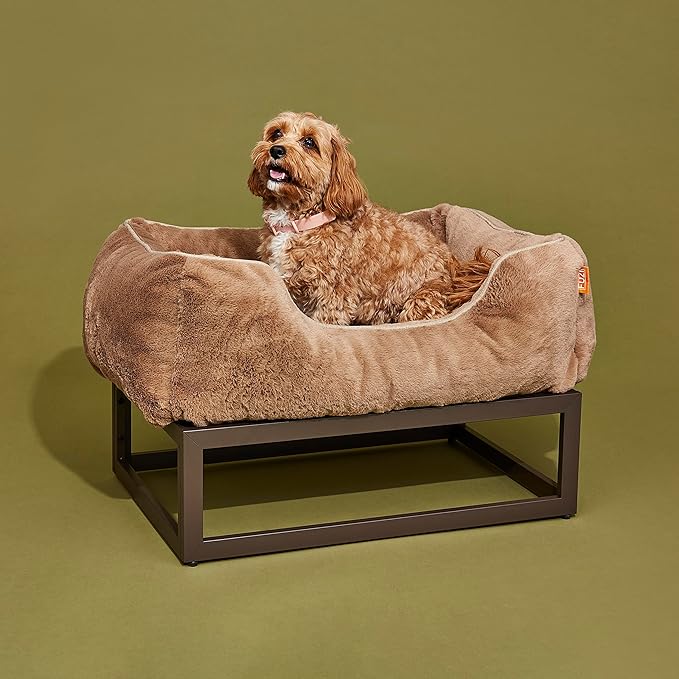 FUZI Luxury Aesthetic Dog Bed with Extra Cover for Medium Dogs, Washable Pet Couch, Pet Bed with Sides, Non-Slip Bottom, Soft & Durable Calming Bed, Faux Rabbit Fur, Medium 31.75x23.6x9.5 Light Brown