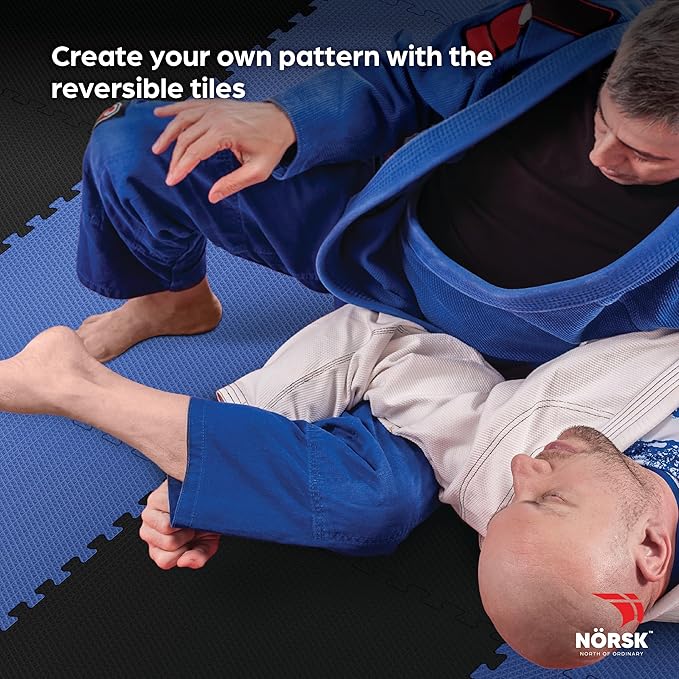 Norsk Reversible Gym Exercise Mats 3/4" Thick EVA Interlocking Foam Tiles, Perfect Home Gym Flooring, 24 Tiles & 48 Trim Pieces, 96 Sq. Ft. Reversible, Dazzling Blue/Black