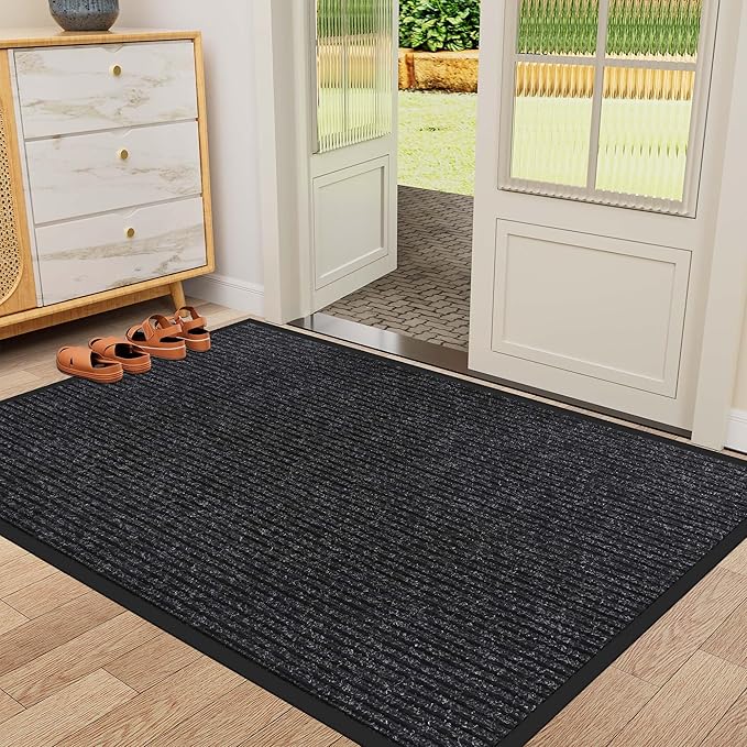 Indoor Outdoor Door Mat, 6' x 4' Doormat for Entryway, Rubber Backing Non Slip Front Door Mat Outside Entrance, Super Absorbent Commercial Floor Mat for Home Office, Black
