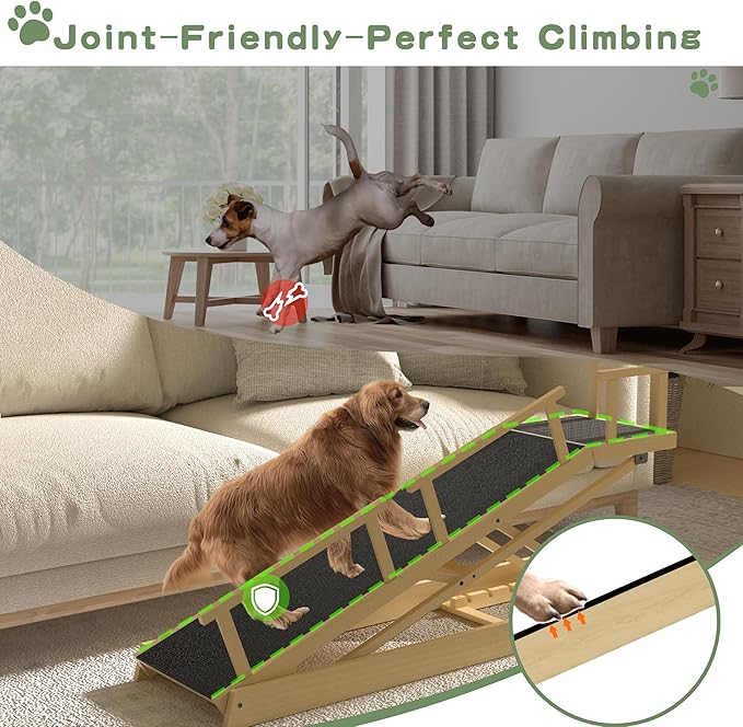 6 Level Height Adjustable Dog Ramp for Bed, Couch 65" Foldable Pet Ramp with Non-Slip Mat，DIY Glow Strips & Rest Platform Heavy Duty Dog Stairs for Large Dogs up to 200Lbs ，Wood Color