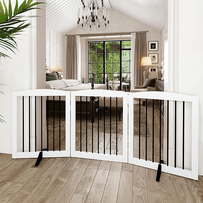 Freestanding Wooden Pet Gate for House, Foldable Indoor Dog Gate for Doorways, Stairs - 24" Height, 3 Panels, White