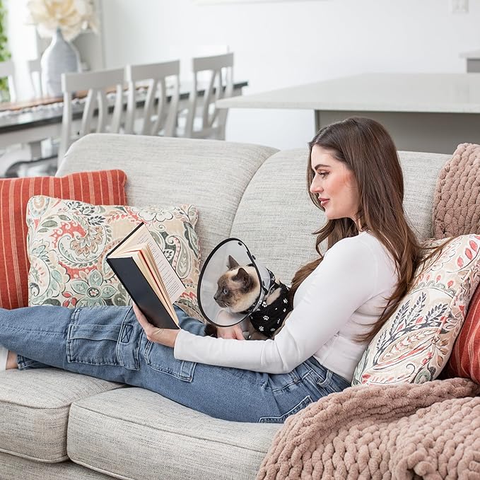 Cat Recovery Cone Kit Post Surgical Soft Pet Vest, Collar, and Non-Irritating Protection Cone for Cats - Comfortable Injury Care Solution (Black with White Paws, Small)