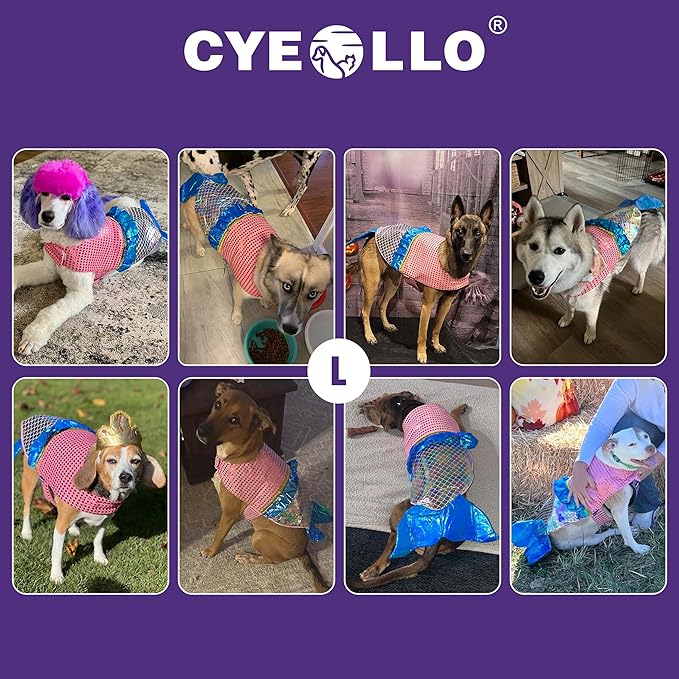 cyeollo Mermaid Dog Halloween Costumes Cute Dog Costume Sequin Birthday Party Pet Clothes Outfit Dressing Up Pet Costumes for Medium Dogs Size L