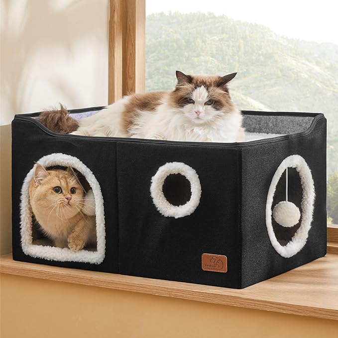 Bedsure Large Cat Beds for Indoor Cats - Extra Wide Cat Cube House for Small Pet with Fluffy Ball Hanging and Scratch Pad, Foldable Pet Cave Hideaway for Multiple Cats, 23.6x16.9x13 inches, Black