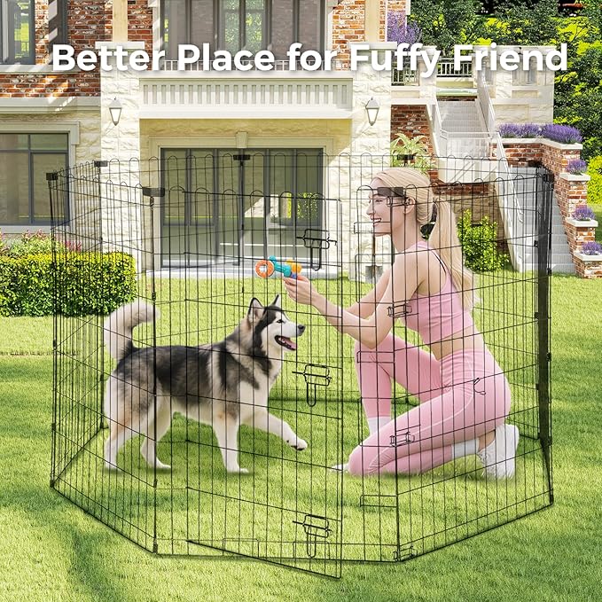 Foldable Dog Playpen 42" Height 8 Panels Metal Exercise Pen with Door - Indoor/Outdoor Dog Play Pen for Medium-Large Dogs, Portable Pet Fence for Yard Garden Camping, Black