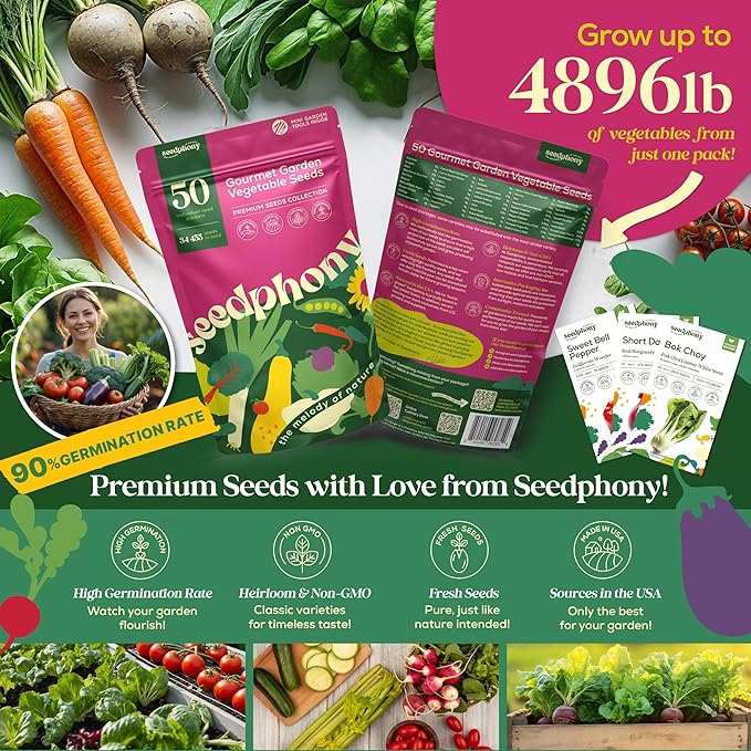 50 Gourmet Garden Vegetable Seeds Variety Pack - 34,455+ Non-GMO Heirloom Vegetables Seeds for Planting Indoor Outdoor: Broccoli, Carrot, Onion, Lettuce, Pepper - Gardening Seed Packets