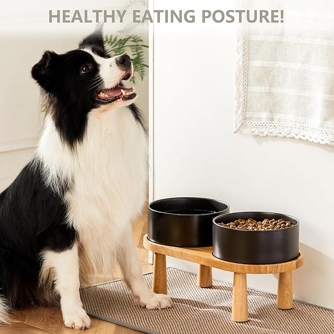 Ceramic Elevated Dog Bowls, Pet Food and Water Bowl Set for Large Dogs, 7.5 Cups Dog Bowls Raised with Wood Stand, 61OZ, Black
