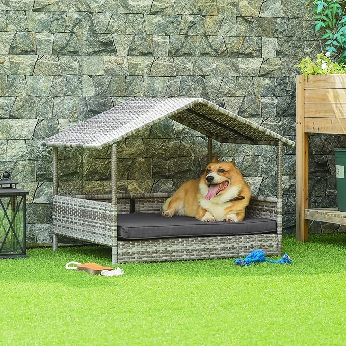 PawHut Wicker Dog House Outdoor with Canopy, Rattan Dog Bed with Water-Resistant Cushion, Raised Dog Bed for Small, Medium Dogs up to 66 lbs, 19.75" in Length, Gradient Gray Wicker & Cushion