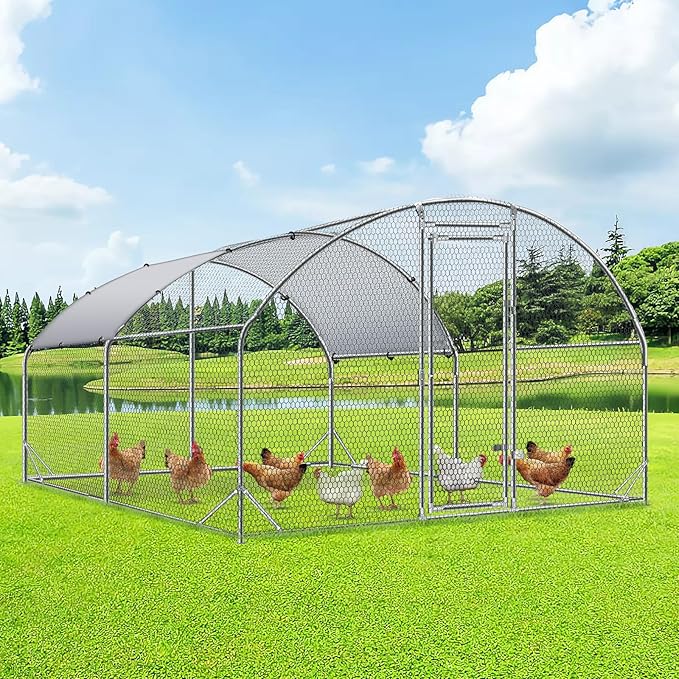 4ever2buy Large Metal Chicken Coop with Run Walk-in Poultry Cage Chicken Runs House Pen Cage Dome Roofed Chicken Coops with Anti-Ultraviolet Cover for Outdoor Yard Farm Use 9.5'W x 12.9'L x 6.3'H