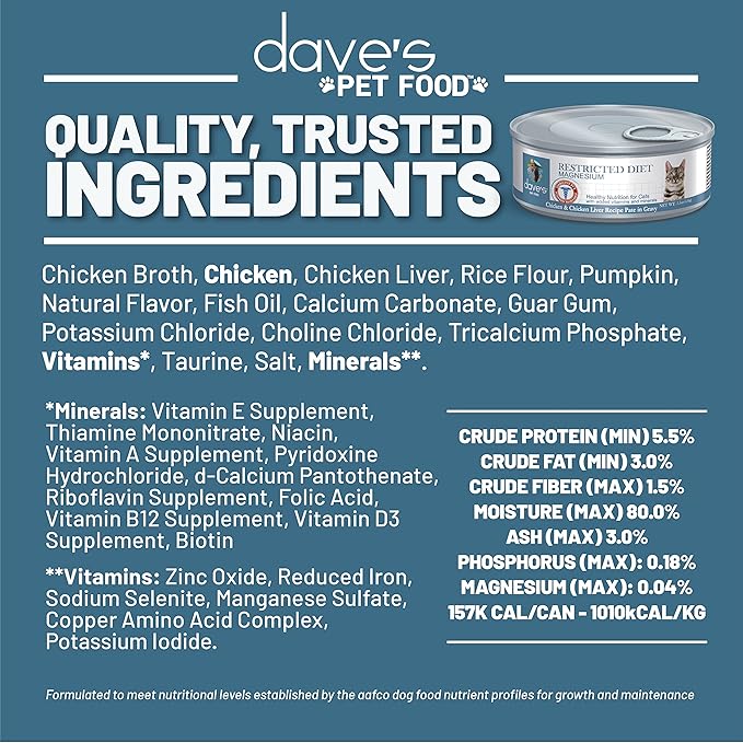 Dave's Pet Food Urinary Tract Cat Food Wet (Chicken Pate in Gravy), Non-Prescription Low Magnesium Restricted Diet Canned Cat Food, Added Vitamins, Vet Recommended, 5.5 oz (24 Pack)